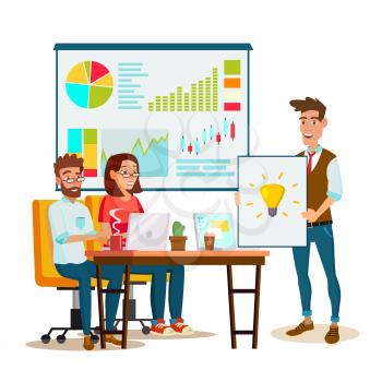 Team Work Brainstorming Vector. Presentation Of The Project. Innovation Idea Discussion People. Designer, Programmer. Global Planning. Flat Isolated Cartoon Illustration