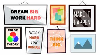 Office Interior Pictures Set Vector. Different Frames With Motivational Text. Illustration