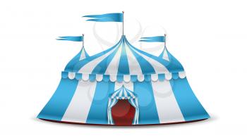 Cartoon Circus Tent Vector. Blue And White Stripes. Funfair, Carnival Holidays Concept