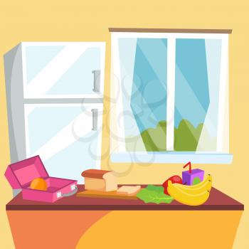 Kitchen Cartoon Vector. Classic Home Dining Room. Kitchen Interior Design. Dining Table, Fruits. Flat Illustration