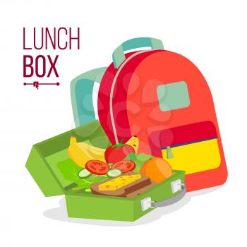 Lunch Box And Bag Vector. Schoolbag With Healthy Food For Kids. Isolated Flat Cartoon Illustration