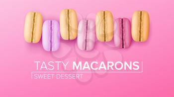 Macarons Set Vector. Top View. Colourful Sweet French Macaroons On Pink Background