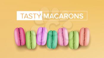 Realistic Macarons Vector. Top View. Sweet French Macaroons On Yellow Background