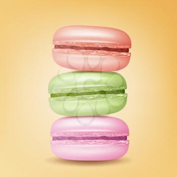 Realistic Macarons Vector. Sweet French Macaroons On Yellow Background