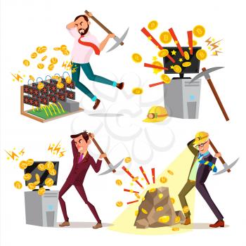 Mining Farm Set Vector. Businessman Miner. Virtual Currency. World Transfer. Datacenter Device. Server Room. Farming Coins. Technology Online. Isolated Illustration