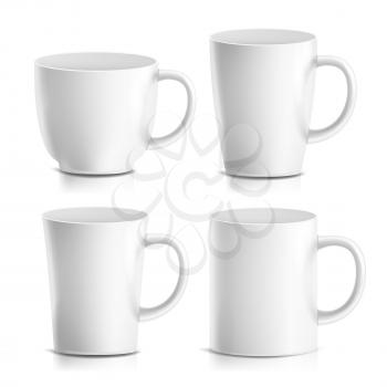 White Mug Vector. 3D Realistic Ceramic Coffee, Tea Cup Isolated On White. Classic Office Cup Mock Up With Handle Illustration. Good For Business Branding, Corporate Identity
