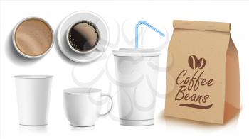 Coffee Packaging Template Design Vector. White Coffee Mug. Ceramic And Paper, Plastic Cup. Top, Side View. Blank Foil Packaging. Isolated Illustration