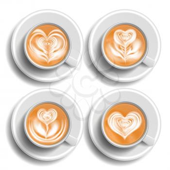 Coffee Art Cup Set Vector. Herat. Top View. Hot Cappuchino Coffee. Fast Food Cup Beverage. White Mug. Realistic Illustration