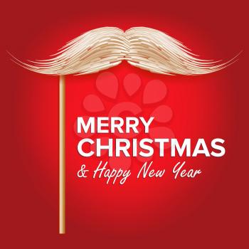 Santa s Mustache Vector. Classic Christmas Realistic White Mustache With Stick. Isolated
