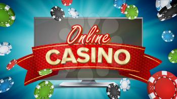 Online Casino Banner Vector. Realistic Computer Monitor. Winner Lucky Symbol. Jackpot Casino Billboard, Signage, Marketing Luxury Poster Illustration.