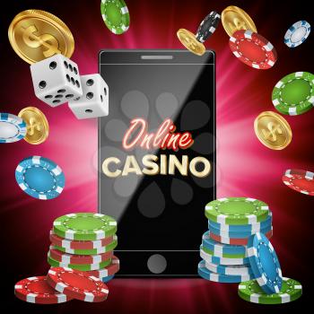 Online Casino Poster Vector. Modern Mobile Smart Phone Concept. Jackpot Casino Billboard, Signage, Marketing Luxury Banner, Poster Illustration.