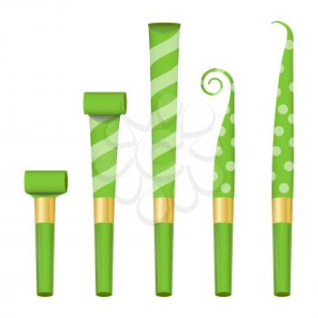 Party Horn Set Vector. Color Penny Whistle. Top View. Isolated
