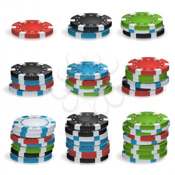 Poker Chips Stacks Vector. Plastic. White, Red, Black, Blue, Green Casino Chips Illustration. For Online Casino, Gambling Club, Poker, Billboard.