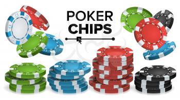 Casino Chips Stacks Vector. Realistic Colored Online Poker Game Chips Set Isolated Illustration.