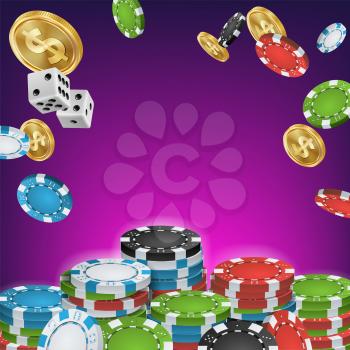 Casino Banner Vector. Online Poker Gambling Casino Banner Sign. Bright Chips, Dollar Coins. Jackpot Casino Billboard, Signage