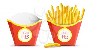 Realistic French Fries Vector. Red Paper Package. Empty And Full. Isolated On White Illustration