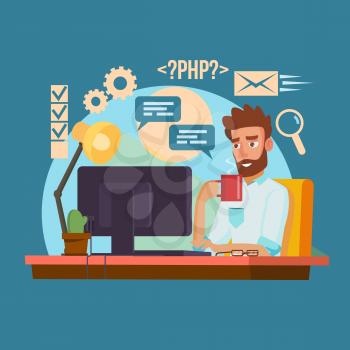 Programmer Man Vector. Stylized Young Developer. Person Working On Computer. Isolated Flat Cartoon Character Illustration