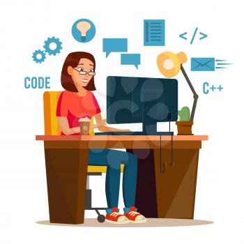 Programmer Woman Vector. Development Working. Man Freelance Job Concept. Isolated On White Cartoon Character Illustration