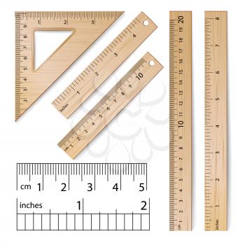 Wooden Rulers Set Vector. Metric Imperial. Centimeter, Inch. Classic Education Measure Tools Equipment Illustration Isolated On White Background.