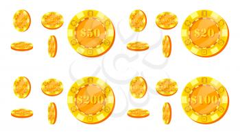 Poker Chips Vector. Flat, Cartoon Set. 20, 50, 100, 200 Dollar Sign. Award Icons. Gold Poker Game Chips Sign Isolated On White Background. Flip Different Angles. Casino Gambling Chips