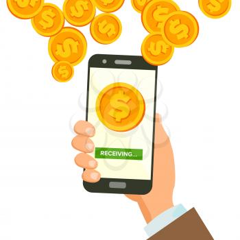 Mobile Dollar Receiving Concept Vector. Human Hand Banner. Wireless Dollar Finance Receiving Concept. Currency In Smartphone Application. Isolated