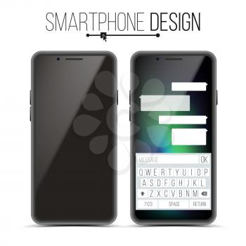 Smartphone Mockup Design Vector. Black Modern Trendy Mobile Phone Front View. Isolated On White Background. Realistic 3D