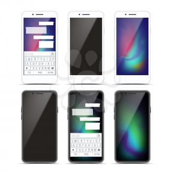 Smartphone Mockup Set Design Vector. Black And White Modern Trendy Mobile Phone Front View. Isolated On White Background. Realistic 3D