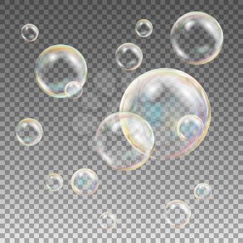 Multicolored Soap Bubbles Vector. Water And Foam Design. Rainbow Reflection Soap Bubbles. Isolated Illustration