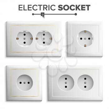 Electric Socket Vector. Plastic Standard Panel. Brick Wall. Realistic Illustration