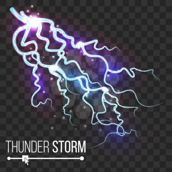 Lightning Vector. Thunder Storm And Lightning. Magic Bright Effect. Isolated On Transparent Background Illustration
