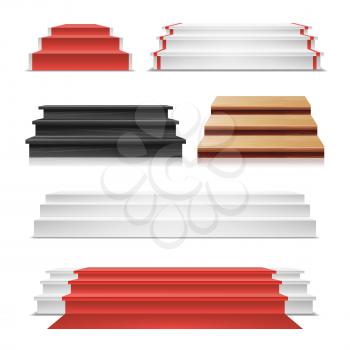Winner Podium Set Vector. Red Carpet. Wooden Staircase. Pedestal Blank, Template, Mock Up. Isolated On White Background
