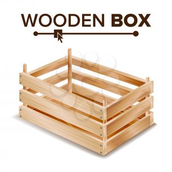 Wooden Box Vector. Empty Wooden Crate. Empty Fruit Box. Isolated On White Background Illustration