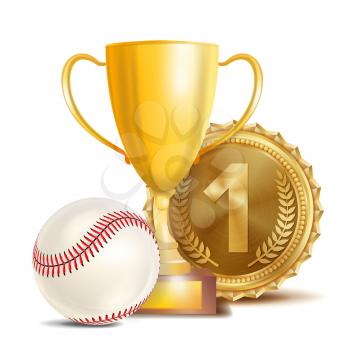 Baseball Achievement Award Vector. Sport Banner Background. White Ball, Red Stitches, Winner Cup, Golden 1st Place Medal. Realistic Isolated Illustration
