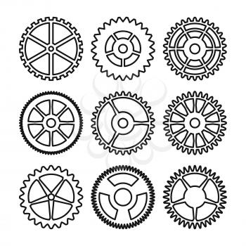 Vector Clock Gears. Outline Icons Set Clock Or Machine Wheel Mechanism. Mechanical, Technology Sign Isolated On White