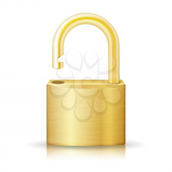 Unlocked Lock Security Yellow Icon Isolated On White. Gold Realistic Protection Privacy