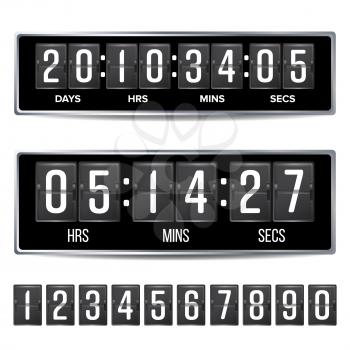 Flip Countdown Timer Vector. Analog Black Digital Scoreboard Template. With Days, Hours, Minutes, Seconds. Isolated