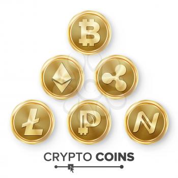 Digital Currency Counter Icon Set Vector. Fintech Blockchain. Famous World Cryptography. Gold Coins. Crypto Currency Money Illustration. Bitcoin, Litecoin, Peercoin, Ripple Coin, Etherum