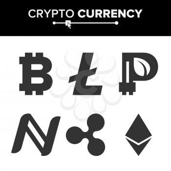 Digital Currency Counter Set Vector. Fintech Blockchain. Famous World Cryptography. Crypto Currency Money Sign Illustration. Bitcoin, Litecoin, Peercoin, Ripple Coin, Etherum