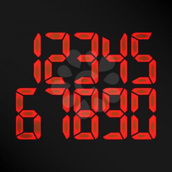 Digital Glowing Numbers Vector. Red Numbers On Black Background. etro Clock, Count, LCD Display