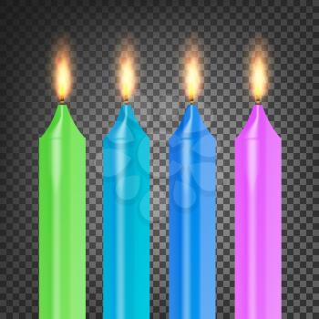 Burning 3D Realistic Dinner Candles Vector. Flame Realistic Set Isolated On Dark Background 3d