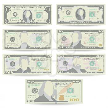 Dollars Banknote Set Vector. Cartoon US Currency. Front Side Of American Money Bill Isolated Illustration. Cash Dollar Symbol. Every Denomination Of US Currency
