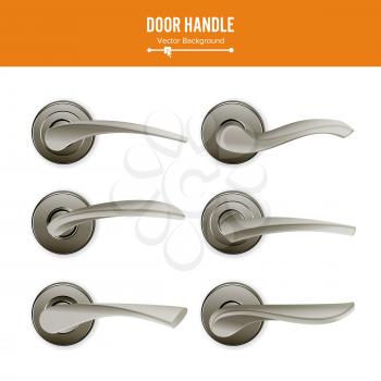 Door Handle Vector. Set Realistic Classic Element Isolated On White Background. Metal Dark Door Handle Lock. Stock Illustration.