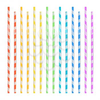 Colorful Drinking Straws Set. 3D Striped Icon Isolated In White Background. Vector