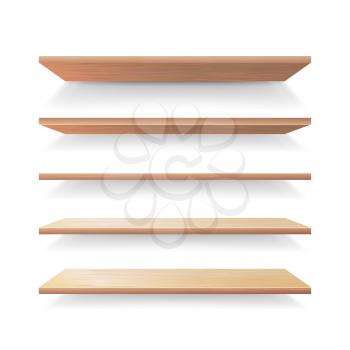 Empty Wood Shelves Template Vector Set. Realistic 3D Retail Store Wooden Shelves Set