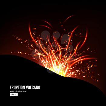 Eruption Volcano Vector. Thunderstorm Sparks. Big And Heavy Explosion From The Mountain. Spewing Glowing Red Hot Lava