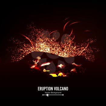 Eruption Volcano Vector. Thunderstorm Sparks. Big And Heavy Explosion From The Mountain. Spewing Glowing Red Hot Lava