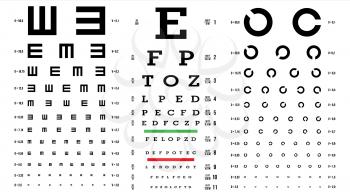 Eye Test Chart Vector. Vision Exam. Optometrist Check. Medical Eye Diagnostic. Different Types. Sight, Eyesight. Optical Examination. Isolated Illustration