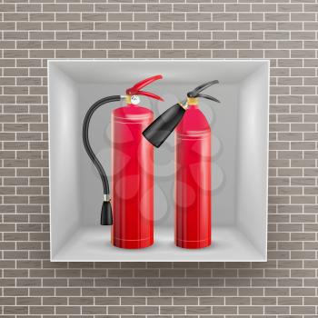 Fire Extinguisher In Wall Niche Vector. Realistic Red Fire Extinguisher Illustration