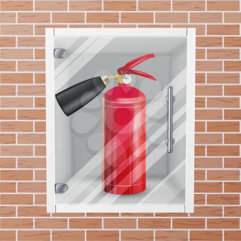 Red Fire Extinguisher In Wall Niche Vector. Metal Glossiness 3D Realistic Red Fire Extinguisher Illustration