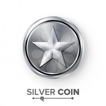 Game Silver Coin Vector With Star. Realistic Silver Achievement Icon Illustration. For Web, Video Game